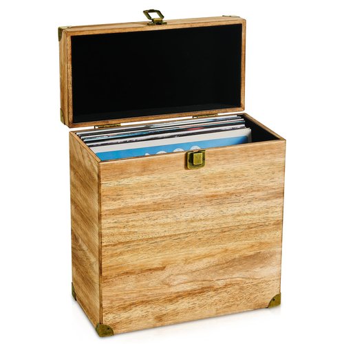 YIYYZI Vinyl Record Storage Box, Vintage Wooden LP Album Collection Storage Record Case Crate Organize 7/10/12 Inch Standard Records, Holds 40 Records - Carbonized Brown (Without window)