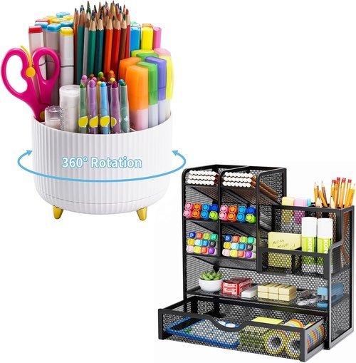 Marbrasse 360-Degree Rotating Pen Holder - Stylish Mesh Design with Convenient Drawer