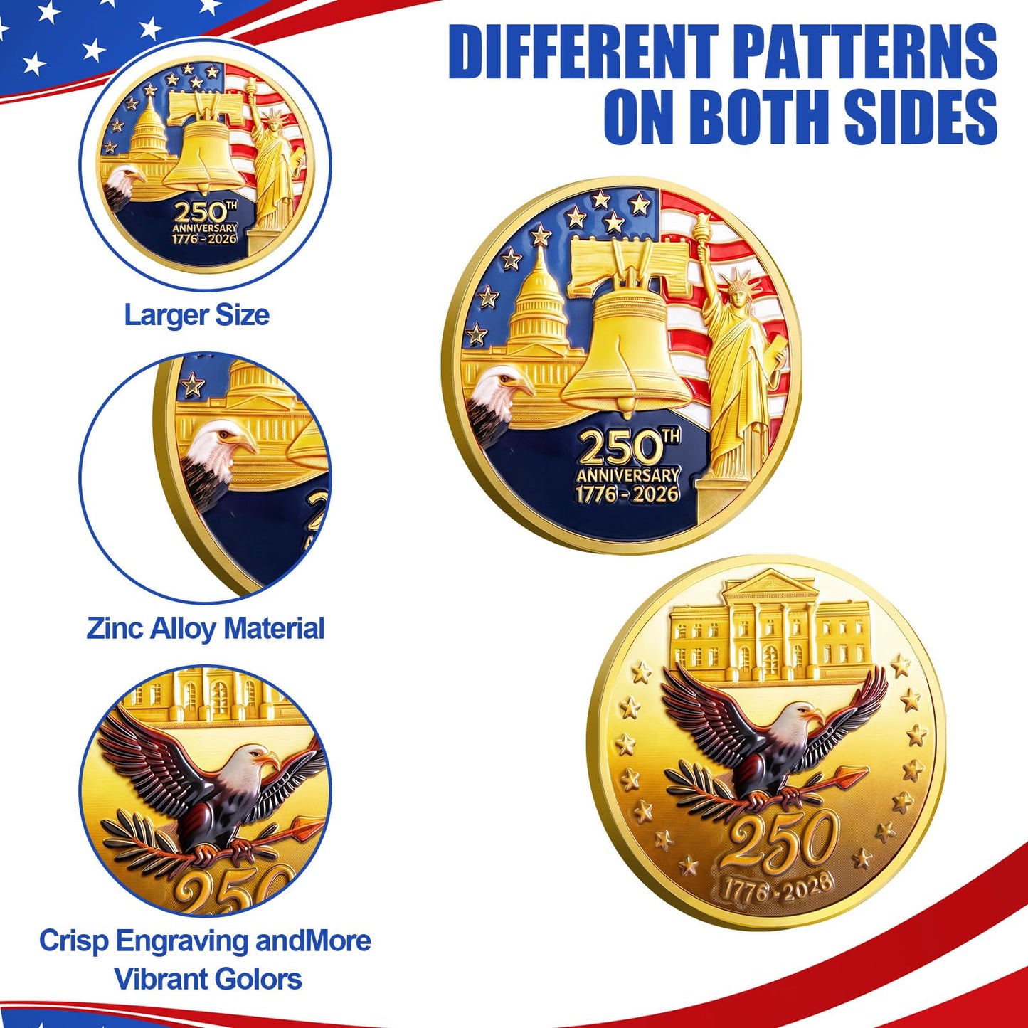 Highergo 250th Anniversary Commemorative Coins USA Eagle and Patriotic Symbols Collectible 250 Year Merchandise for Celebration Display Collectors Challenge Coin Gift(20 Pcs,Style 1)