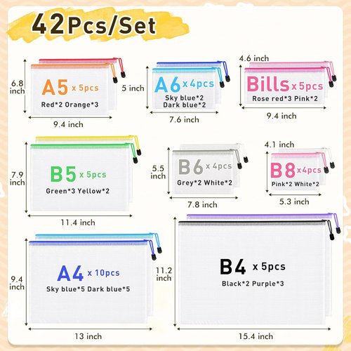 Skiennix 42-Piece Mesh Zipper Pouch Set - Waterproof Clear Storage Bags in 8 Sizes for Organizing Essentials