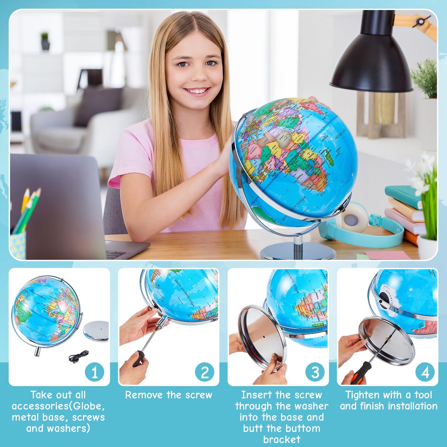 Amylove 13'' Illuminated World Globe for Adults 720°/360° Rotation Rewritable Kids Light-up Globe with Stand World Map for Interactive Learning Light with Base Lamp LED Decor(Metal,Practical)