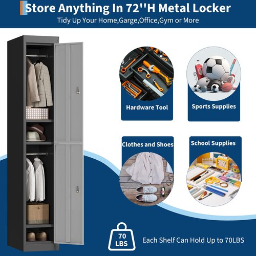Metal Storage Cabinet with 2 Doors, 72’’ Tall Lockers for Employees Students with Shelves, Metal Storage Steel Locker for School Garage Office Gym Home Warehouse, Assembly Required, Grey+Black