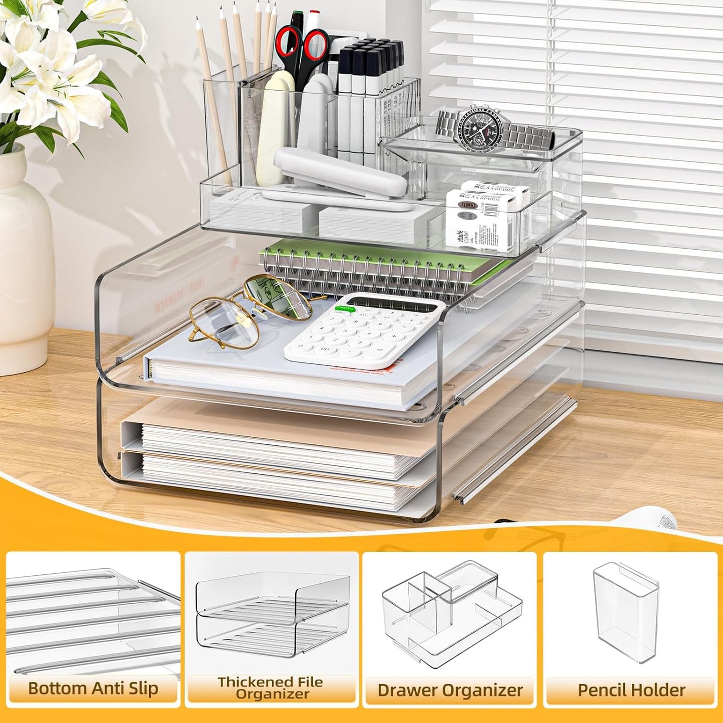 YKLSLH Paper Organizer - Clear Acrylic Stackable Desk File Tray with 5 Compartments & Pencil Holder