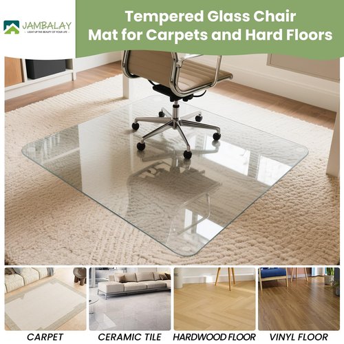 JAMBALAY 55″×46″ Tempered Glass Office Chair Mat, Thick 0.2″ Heavy Duty Glass Floor Mat for Carpet and Hard Floors, with Anti-Slip Pads, Polished Edges and Round Corners, Easy Roll On