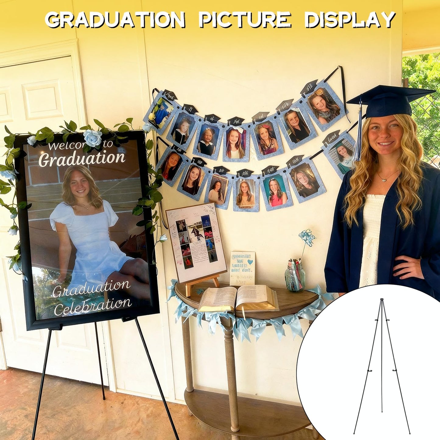Yookeer 63'' Graduation Easel Stand for Sign Picture Senior 2026 Graduation Welcome Sign Stand End of Year Wedding Picture Display Grad Metal Stands for High School College Grad Party Photo Prop