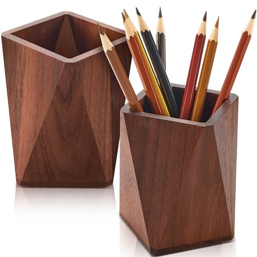 Henoyso 2 Pcs Wood Pen Pencil Holder Geometric Pencil Cup Stand Makeup Organizer for Pen Holder Desk Home Office Adults(Black Walnut)