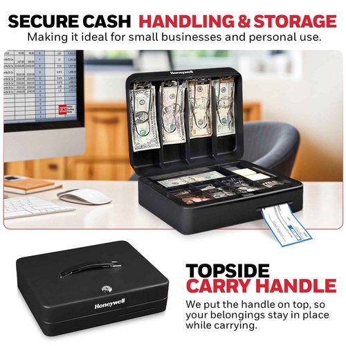 Honeywell Safes & Door Locks - Deluxe Small Cash Box with Removable Money Tray - Storage Under Tray & 8 Coin Slots - Durable Metal Safe with Key Lock - Saving Money Lock Box - Black, 0. 23 CU - 6113