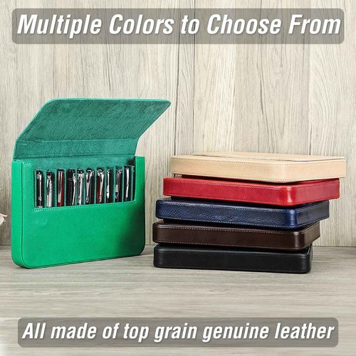 CataPurus Top Grain Genuine Leather 12 Pen/Pencil Tray Case Organizer, Solid Fashion Design No Logo, Handmade, Magnetic Closure with Drawer, Gift Choice for Man/Woman/Office, Glossy Black, 12 Slots