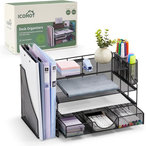 Regine Switzerland 4-Tier Desk Organizer - Mesh Letter Tray with Drawer | Vertical File Holder for Office Supplies