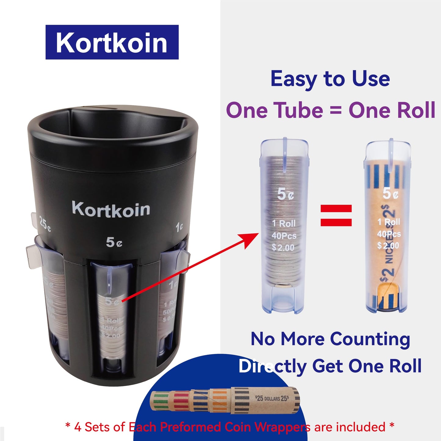 Kortkoin Automatic Coin Sorter 5 in 1 Coin Counter with Coin Wrappers, Sort Your Spare Change in Coin Bank Piggy Bank & Coin Holder Jar Quickly as Sort Machine, Accurate & Easy to Use as Time Saver