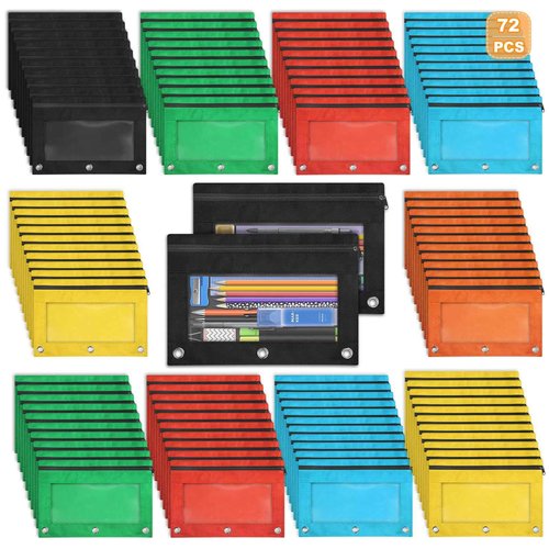 72 Pack Pencil Pouch For 3 Ring Binder, Pencil Pouch In 6 Assorted Colors, Smooth Zipper Pencil Pouch Bulk For School and Office Supplies With Clear Window,Bulk Pencil Bags for School and Office
