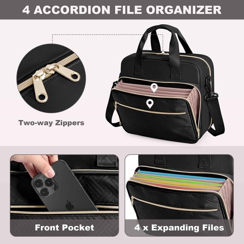 Prokva 3 Ring Zipper Binder 2 Inch, Accordion File Organizer with Shoulder Strap, Zip Up Binder with 500-Sheet Capacity, Black