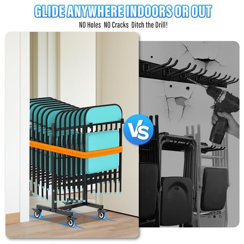 Lokshun Folding Chair Rack,Chair Cart with 14 Chairs Capacity,Sturdy Metal Chairs Storage Rack,Space-Saving Dolly with 4 Lockable Wheels & Strap,Large Storage Holder for Party,Office,Home