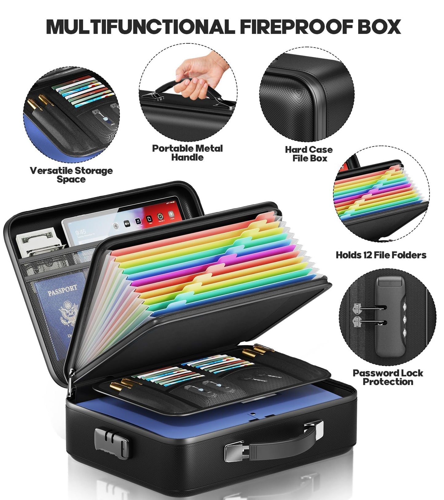 BigPonPon Fireproof Document Box, Hard Case Highly Flame-Resistant Fire Proof Waterproof File Organizer with Lock, Portable Fire Safe for Important Documents & Valuables Storage (Black, ‎15"*11"*5")