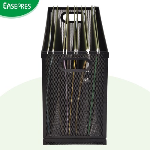 EASEPRES Desk Hanging File Organizer with 5 Folders, Mesh Metal Letter-Size Desktop File Holder Box for Filing Folder Storage Basket, 1 Pack Black, 12.2 x 9.45 x 5.45 inches