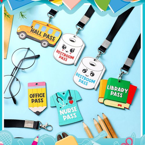 Sabary Hall Pass Lanyards - 12 Unbreakable Wooden Passes for Classrooms, Restrooms & Offices
