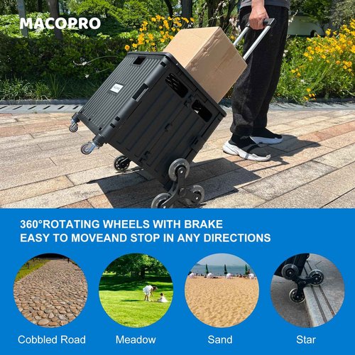 MACOPRO Foldable Utility Cart with Stair Climbing Wheels, Collapsible Rolling Crate with Telescoping Handle, Folding Shopping Trolley Handcart Grocery Book File Tool Teacher Storage Basket (Black)