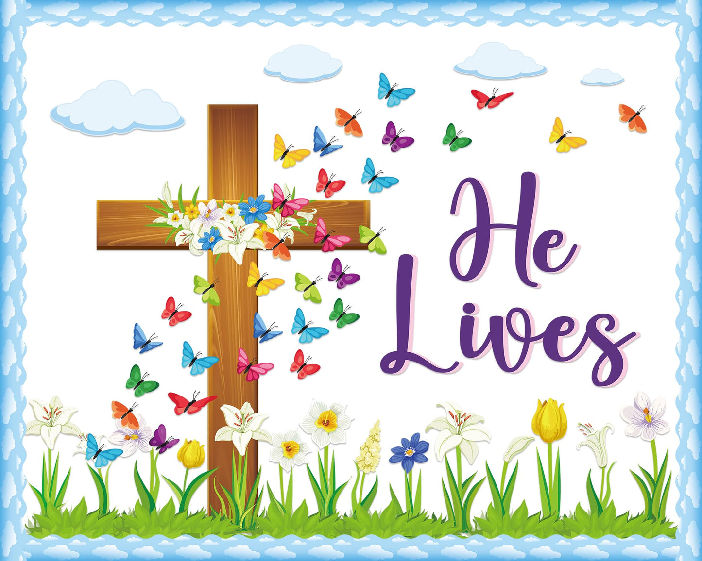 Easter Spring Bulletin Board Decoration Set He Lives Floral Cross Bulletin Board Borders Easter Butterfly Paper Cutouts Easter Christian Jesus Bulletin Boarder for Easter Spring School Classroom Decor