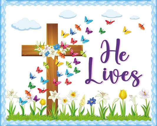 Easter Spring Bulletin Board Decoration Set He Lives Floral Cross Bulletin Board Borders Easter Butterfly Paper Cutouts Easter Christian Jesus Bulletin Boarder for Easter Spring School Classroom Decor