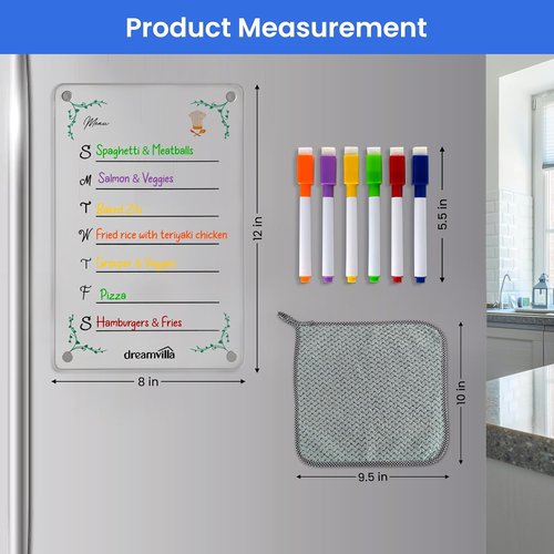 Skiennix Acrylic Magnetic Menu Planner - Clear Dry Erase Board for Weekly Meal Planning & Grocery List