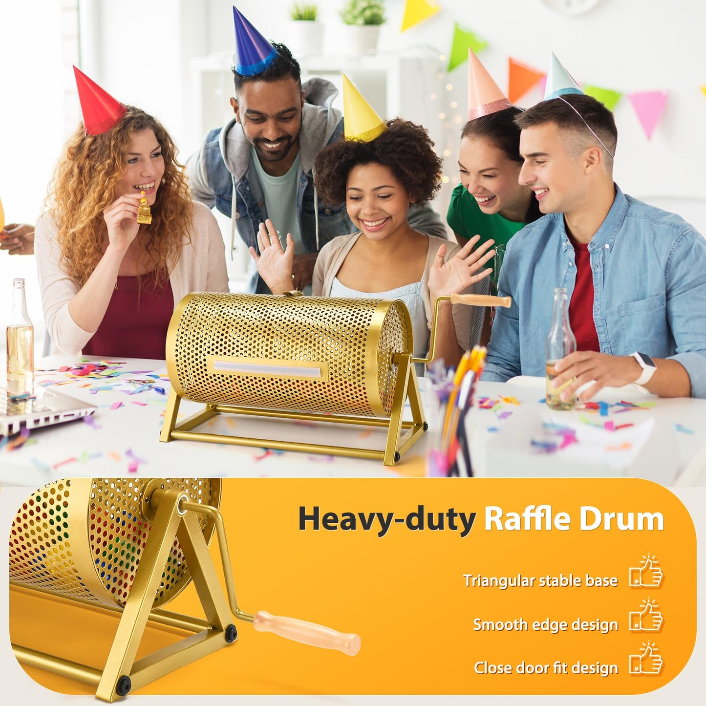 Raffle Drum 15" x 7" Holds 3,000 Tickets, Thickened Metal Raffle Ticket Spinner Box with Sealing Tape, Silent Design Raffle Ticket Cage with Wooden Turning Handle & Stable Tripod Stand for Games