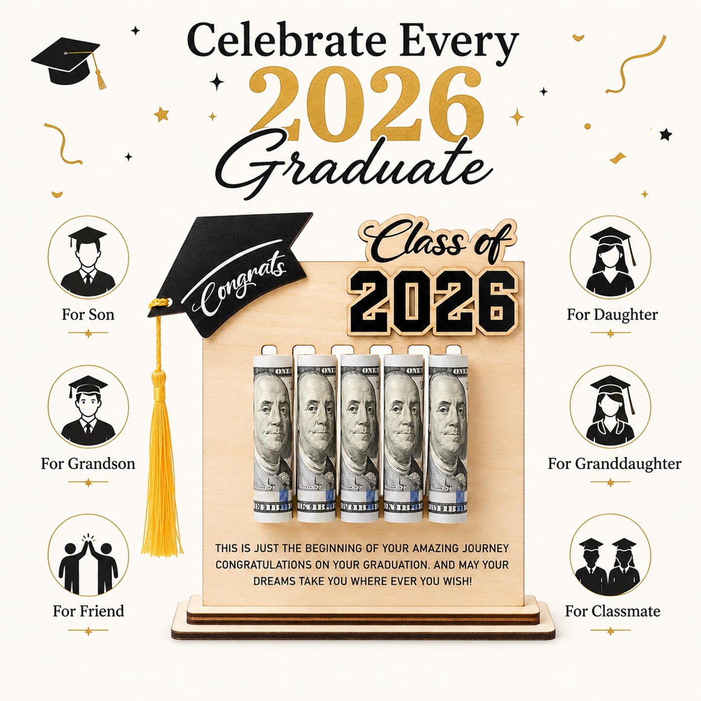 KATINAT Class of 2026 Graduation Money Holder 2026, Wooden Graduation Money Cash, Unique Graduate Gifts for Him Her Daughter Son Seniors, Graduation Gifts