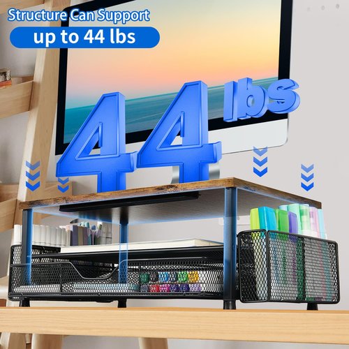 Wood Desk Organizers and Accessories, 2-Tier Computer Monitor Stand with Drawer, Pen Storage & Tablet Phone Holder, Office Desk Accessories, Workspace Desktop Organization for Office Supplies（Brown）