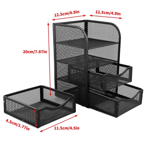 HEEPDD 3 Tier Mesh Office Desktop Organizer with 3 Drawer, Mini Desk Supplies Office Supplies Organizer Metal Stationary Black Desk Caddy