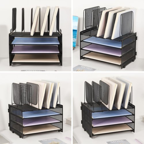 LEKETREE Desk Organizers and Accessories, 3-Tier Paper Organizer with 5 Vertical File Holders, File Folder Organizer (Black, 3T)