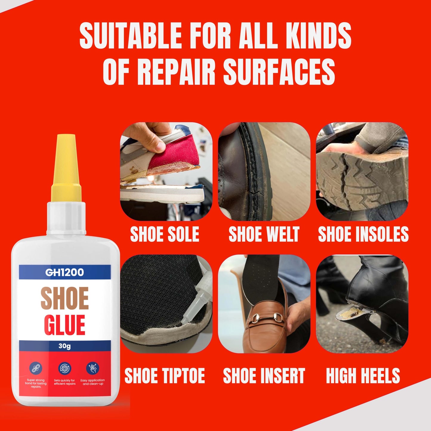 GH1200 30gx2 Pack Shoe Glue Heavy Duty, Clear Drying & Strong Shoe Glue Sole Repair, Non Stiff Repairs, Pegamento para Zapatos, Fixes Sneakers, High Heels, Crocs & More, can Bear Extreme Conditions