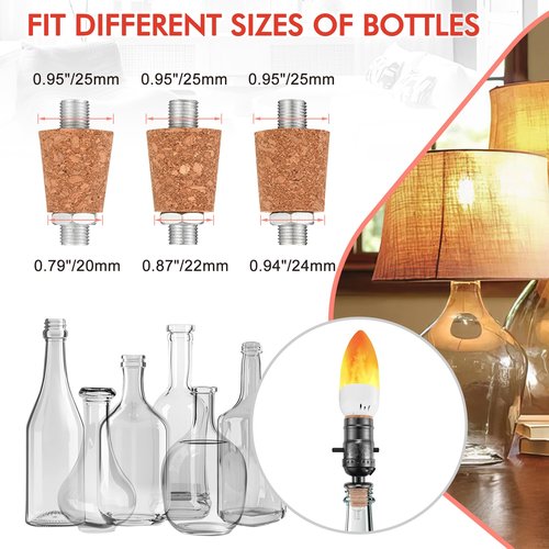 2 Set DIY Wine Bottle Lamp Kit with E26 LED Light Bulbs for Liquor Bottle, w/Glass Drill Bit and Lid, Black Cord w/Lamp Socket, 3 Size Tapper Cork (W/ 2 Flame Effect Light Bulbs)