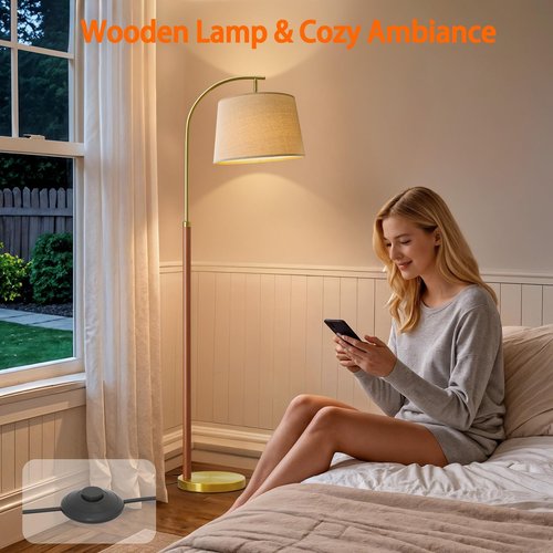G-SAFAVA 62.5" Wood Floor Lamp for Living Room Gold with Foot Switch Arc Standing Tall Lamps for Bedroom Mid Century Modern Corner Floor Lamps for Office Nursery Industrial Reading Light Room Lamp