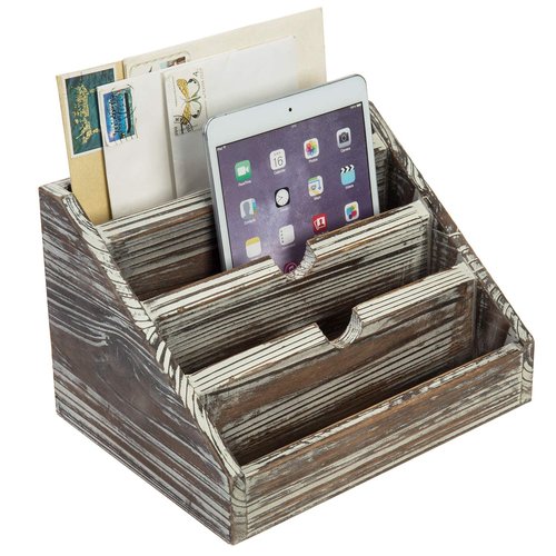 MyGift Decorative 4 Compartment Vintage Brown Torched Wood Finish Mail Sorter/Office Desk Stationery Organizer