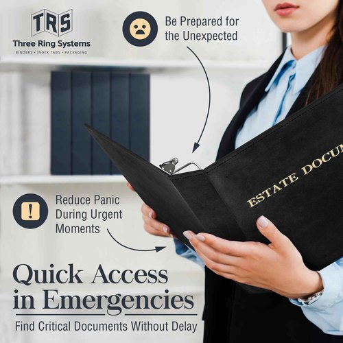 Estate Planning Binder DX Pre-Labeled Tabs, 1.5-Inch Angle D Ring, Faux Leather, Sheet Protectors– Organizing Wills, Trusts, Powers of Attorney & Final Wishes (Gold on Black - Deluxe) + Linen Folder