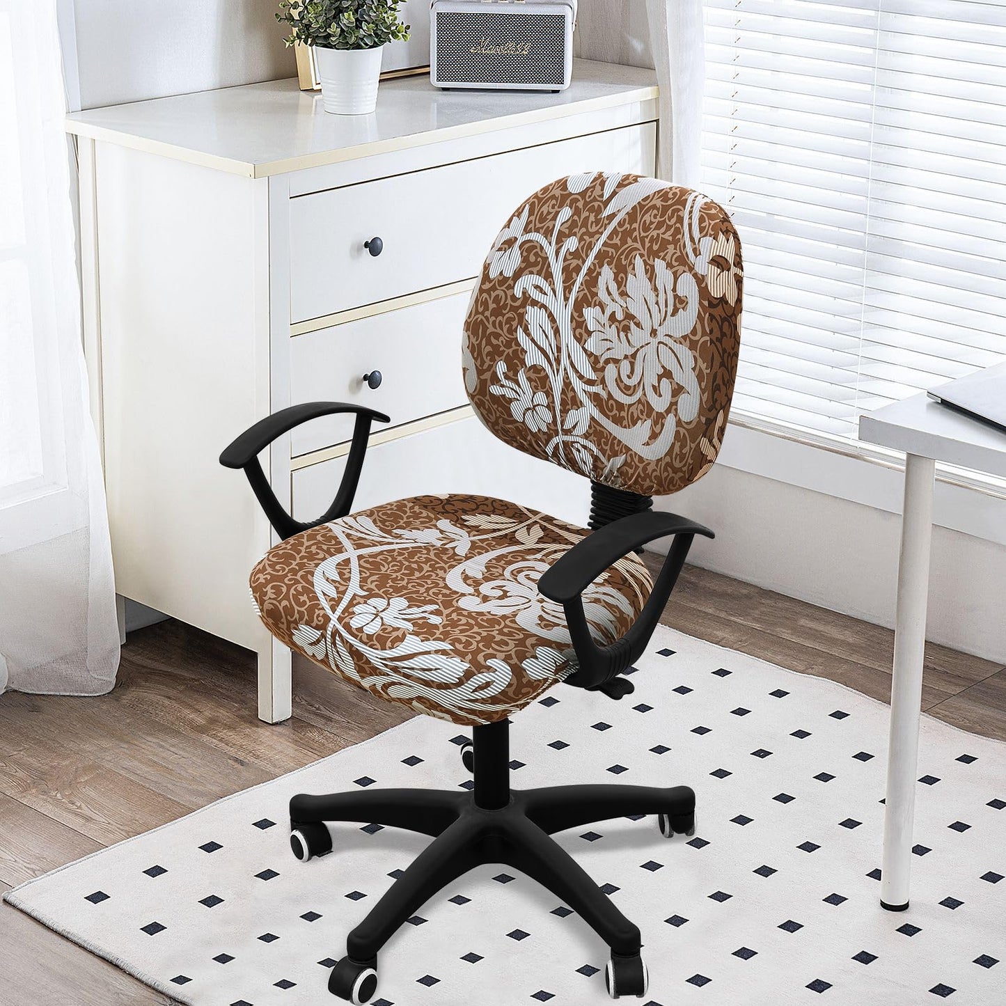 Smiry Stretch Printed Office Computer Chair Covers, Universal Washable Removable Desk Rotating Chair Slipcovers Protector, Seat + Backrest Cover - Brown and Blue