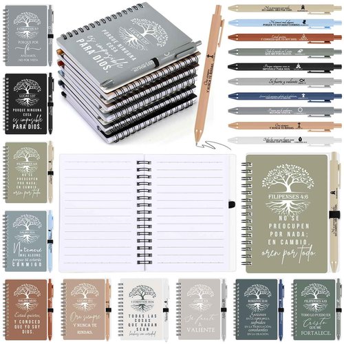 Kosiz 60 Pcs Spanish Christian Spiral Notebooks with Ballpoint Pens Tree Life Bible Verse A6 Journal Religious Inspirational Gift Grandparent Day Gift Set Church Pastor(Classic Style,Boho Color)
