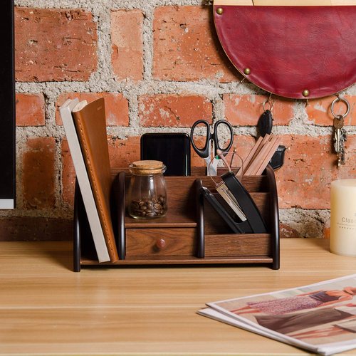 Liry Products Cherry Brown Wood Desktop Organizer Multiple Compartments Stepped Racks Drawer Shelf Tabletop Storage Cabinet Stationery Holder Office Accessory Supplies Caddy Sorter Home