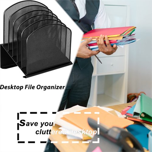 UFFICIUSUP Desktop File Organizers 2 Pack Inclined Document Holders 5 Section Office Supplies Mesh Vertical File Sorters Metal File Storages (2)