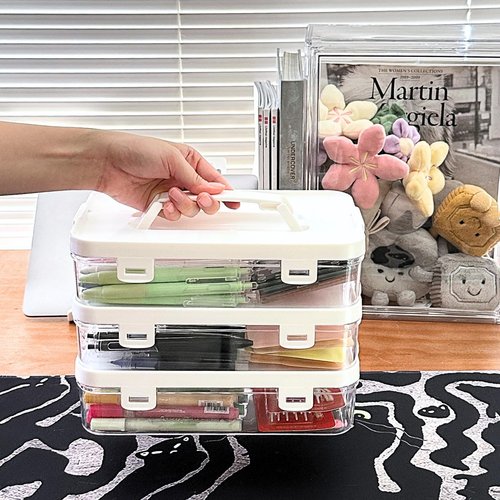 PTSGCAI 3pack Acrylic Stackable Box with Handle, Office Supplies Storage Organizer Box Pencil Box Plastic Organizer Holder, Clear Storage Box Organizing Bins-10x 6x 2.3