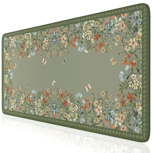 iCasso Desk Mat for Keyboard and Mouse,Large Keyboard Mat Non-Slip,Cute Desk Pad with Stitched Edges,Floral Mousepad for Women,Girly Computer Mat for Home Office Gaming(Sage Green)