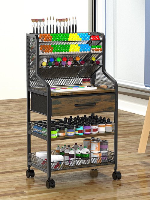 Beroun Rolling Art Cart 3 Tier Craft Cart with Wheels and Storage Drawer Metal Utility Cart Organizer for Drawing Room Home Office Studio for Storing Brushes Paints and Storage Supplies