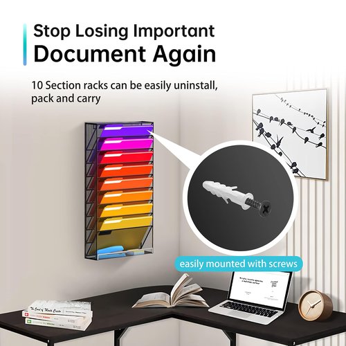 JMHUD 10 Tier Wall File Organizer, Hanging Wall Mount File Holder Paper Folder Mail Organizer, Mesh Metal, Black 2Pack
