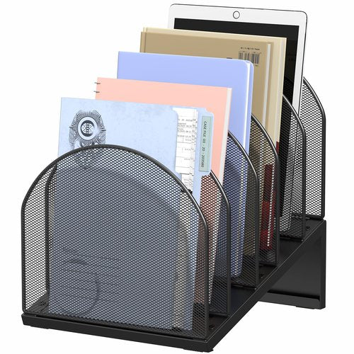 OUTIOE 5-Section Desk File Organizer, Metal Mesh Folder Organizer for Documents, Mail & Office Papers (Black)