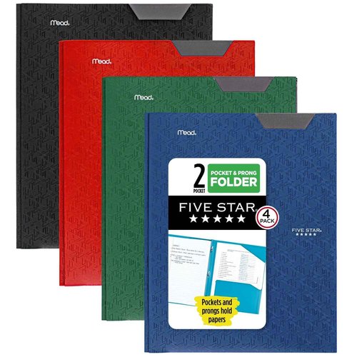 Five Star 2-Pocket Folder, Plastic Folder with Stay-Put Tabs and Prong Fasteners, Holds 8-1/2" x 11" Paper, Black, Fire Red, Forest Green, Pacific Blue (38048) 4 Count (Pack of 24)