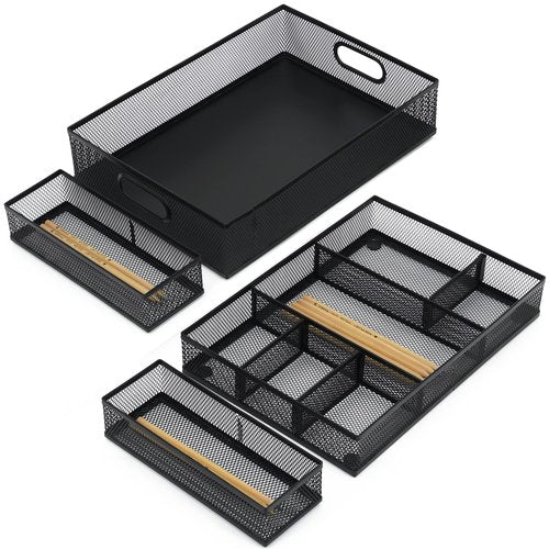 Neudeco Desk Drawer Organizer with 6 Adjustable Dividers, Metal Pen organizer for desk drawer,Mesh Office Desk Drawer Organizer Tray for office supplies (Pack 4, Black)