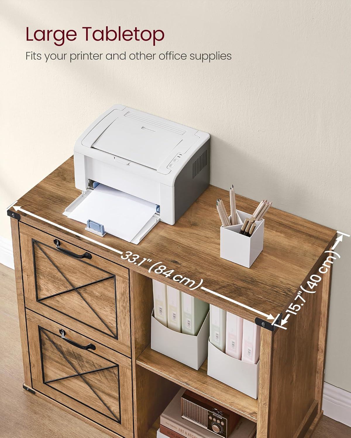 VASAGLE Lateral File Cabinet - Stylish Filing Cabinet with 2 Drawers & Open Compartments | Honey Brown Finish
