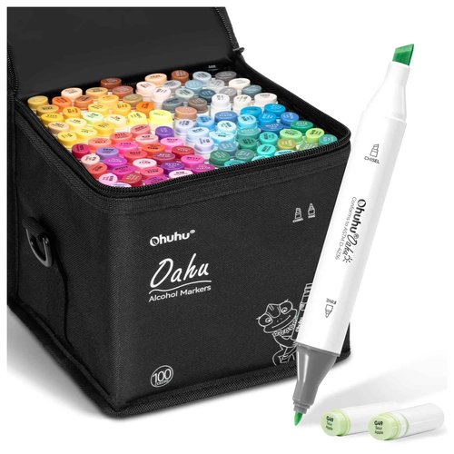 Ohuhu Alcohol Markers Double Tipped Art Marker Set for Artists Adults Coloring Sketch Illustration - Chisel & Fine - 100 Colors - Oahu of Ohuhu Markers - Refillable - AP Certificated