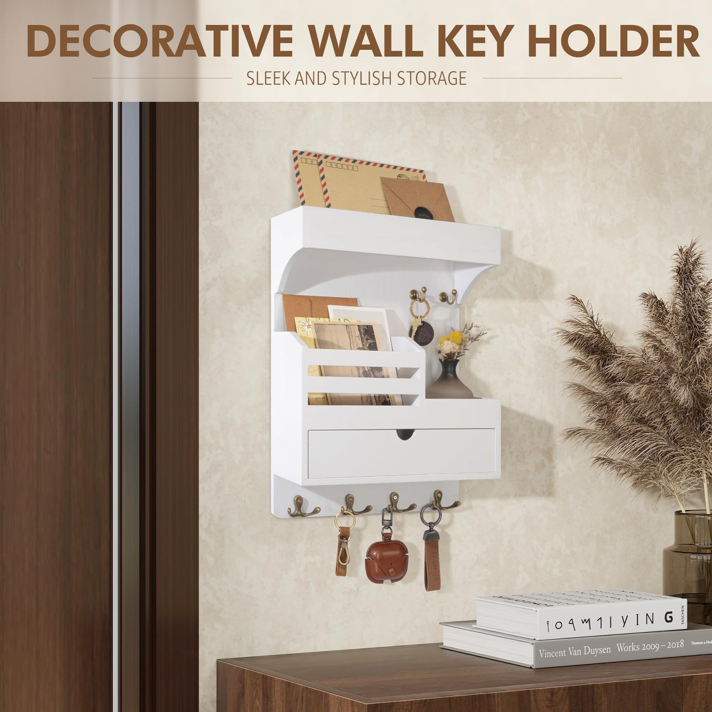 Rebee Vision Key Holder Wall Mount with Drawer Organizer – Pine Wooden Mail and Key Organizer with 6 Sturdy Hooks and Wall Shelf – Modern Living Room Decor for a Modern Home (White)