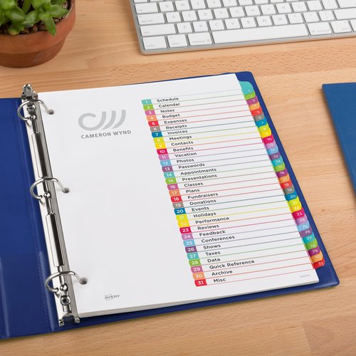 Avery 1-31 Tab Dividers for 3 Ring Binders, Customizable Table of Contents, Multicolor Tabs, 1 Set, 12 Packs (11846)
