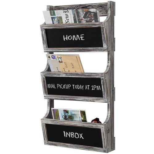 MyGift Wall Mounted Torched Solid Wood Magazine and Mail Holder Organizer Rack with 3 Slots and Chalkboard Labels